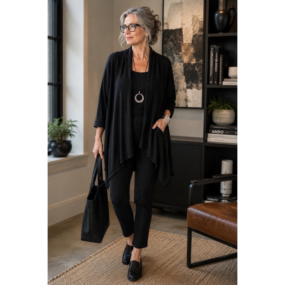 Soft Surroundings One‎ Size Black Lagenlook Cardigan Artsy Draped Asymmetrical